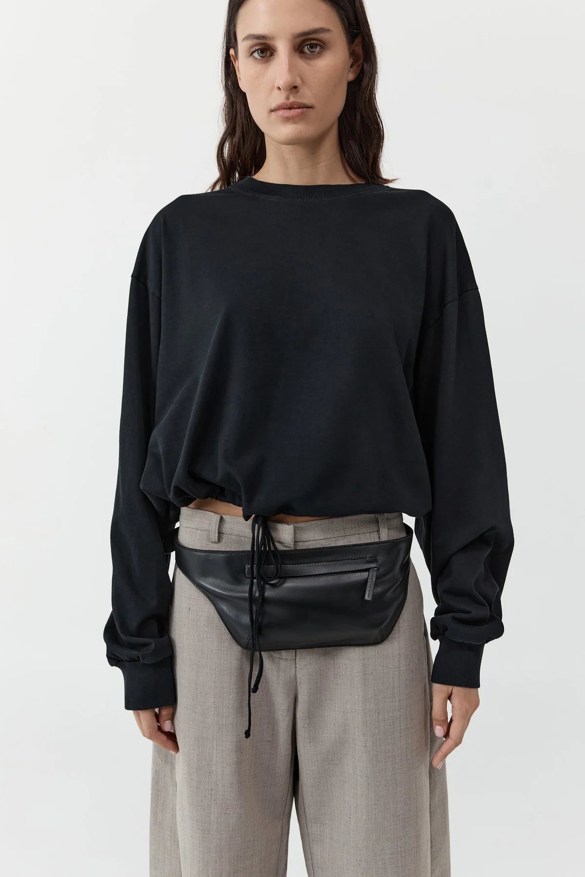 Drawstring long sleeve top - black