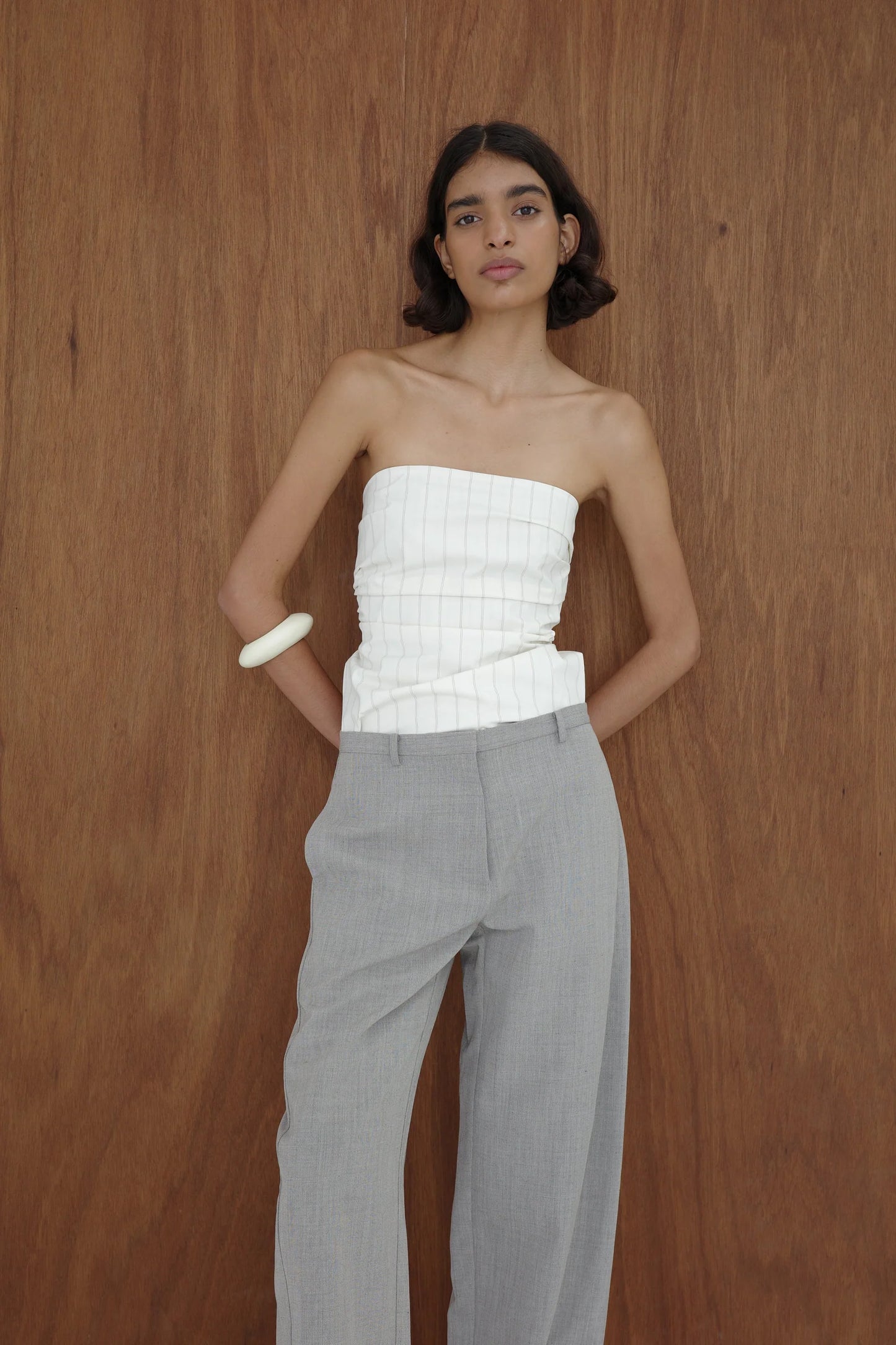 Strapless tie back top - ecru stripe