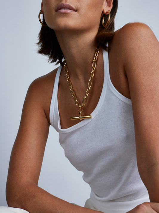 Giant gold T bar watch chain necklace