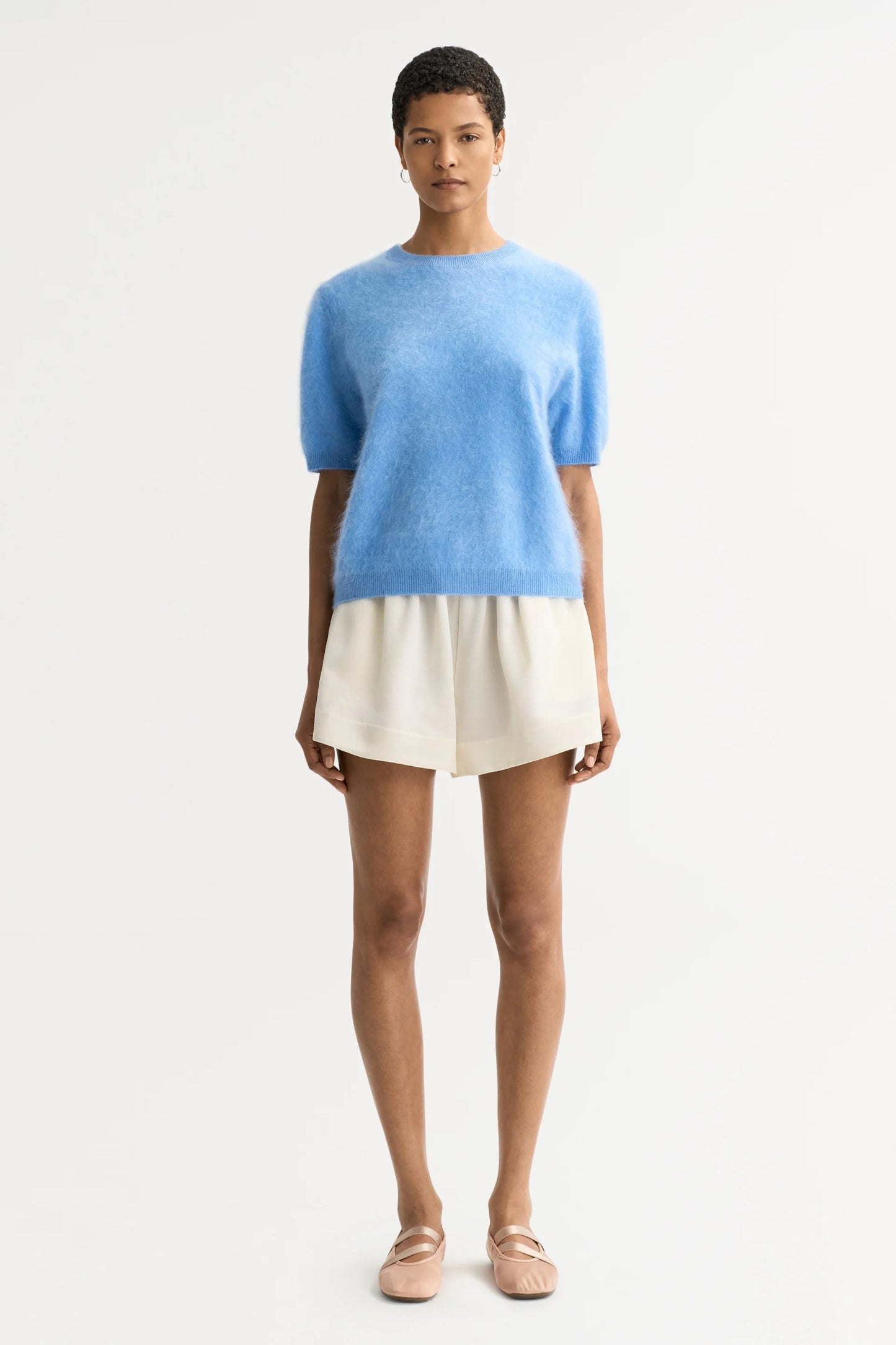 Brushed cashmere short sleeve - azure