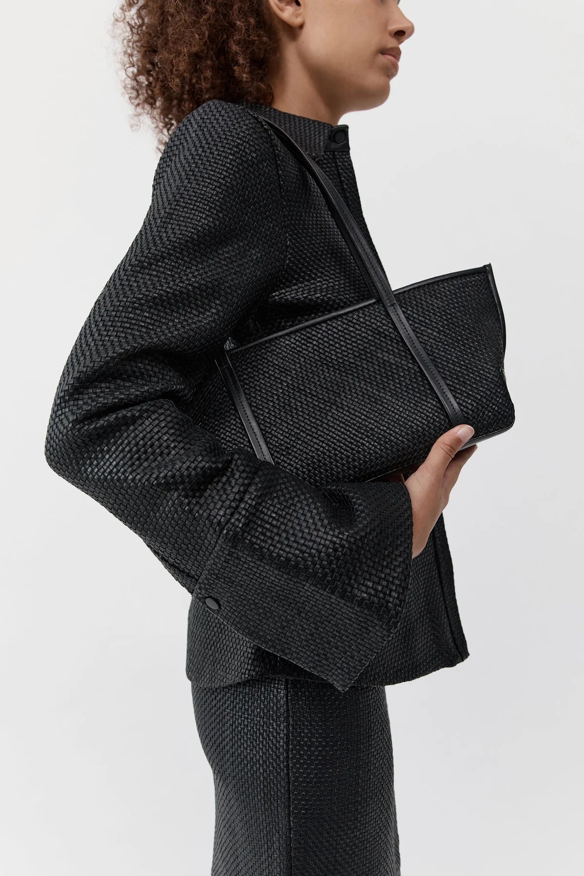 Woven slim bateau tote - black