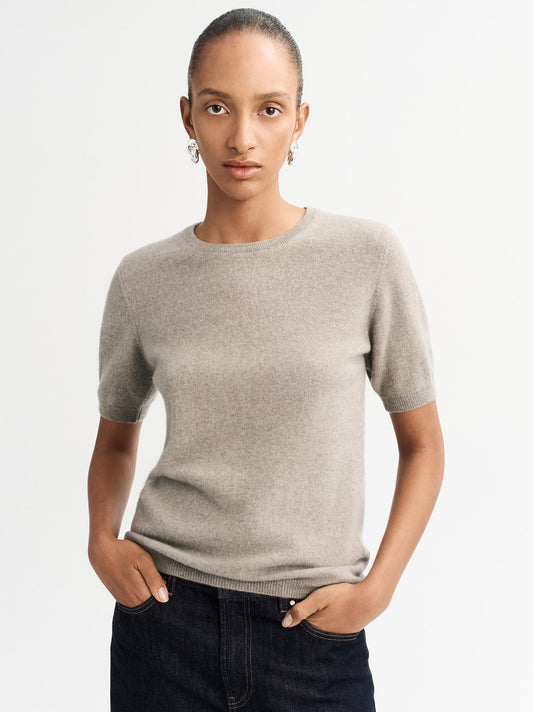 Short sleeve cashmere crewneck greige