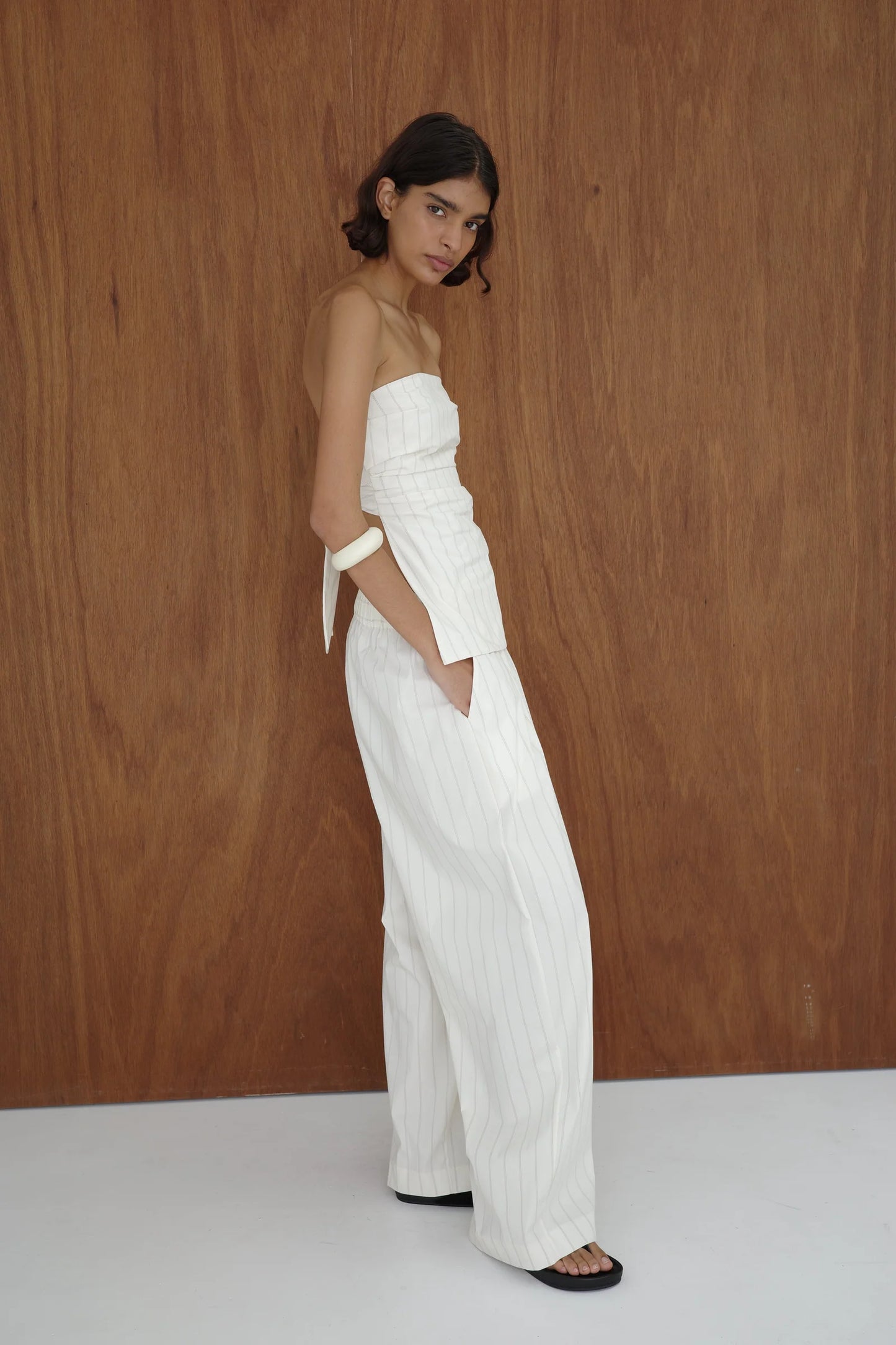 Strapless tie back top - ecru stripe