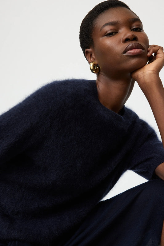 Brushed short sleeve cashmere - navy