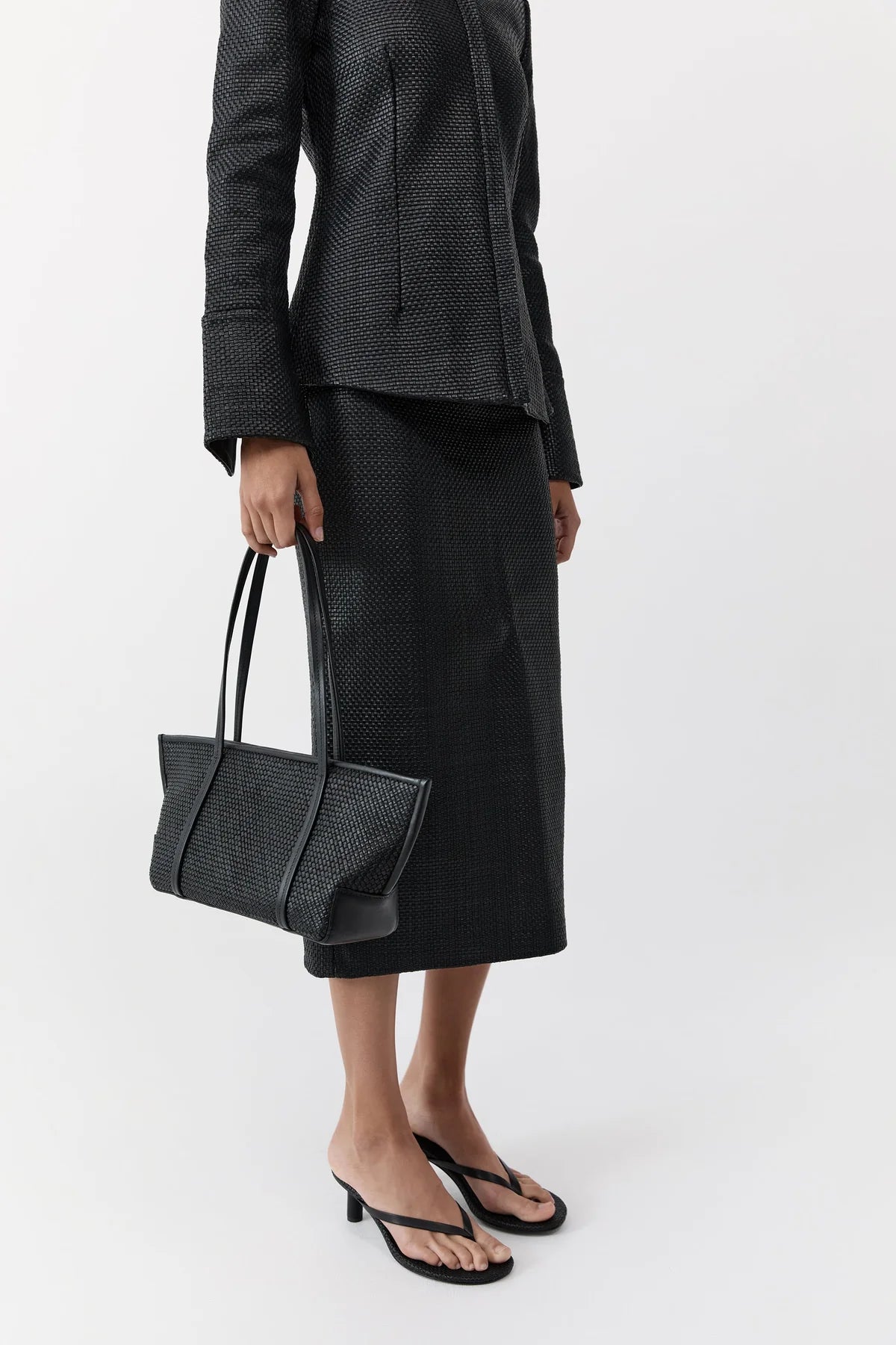 Woven slim bateau tote - black