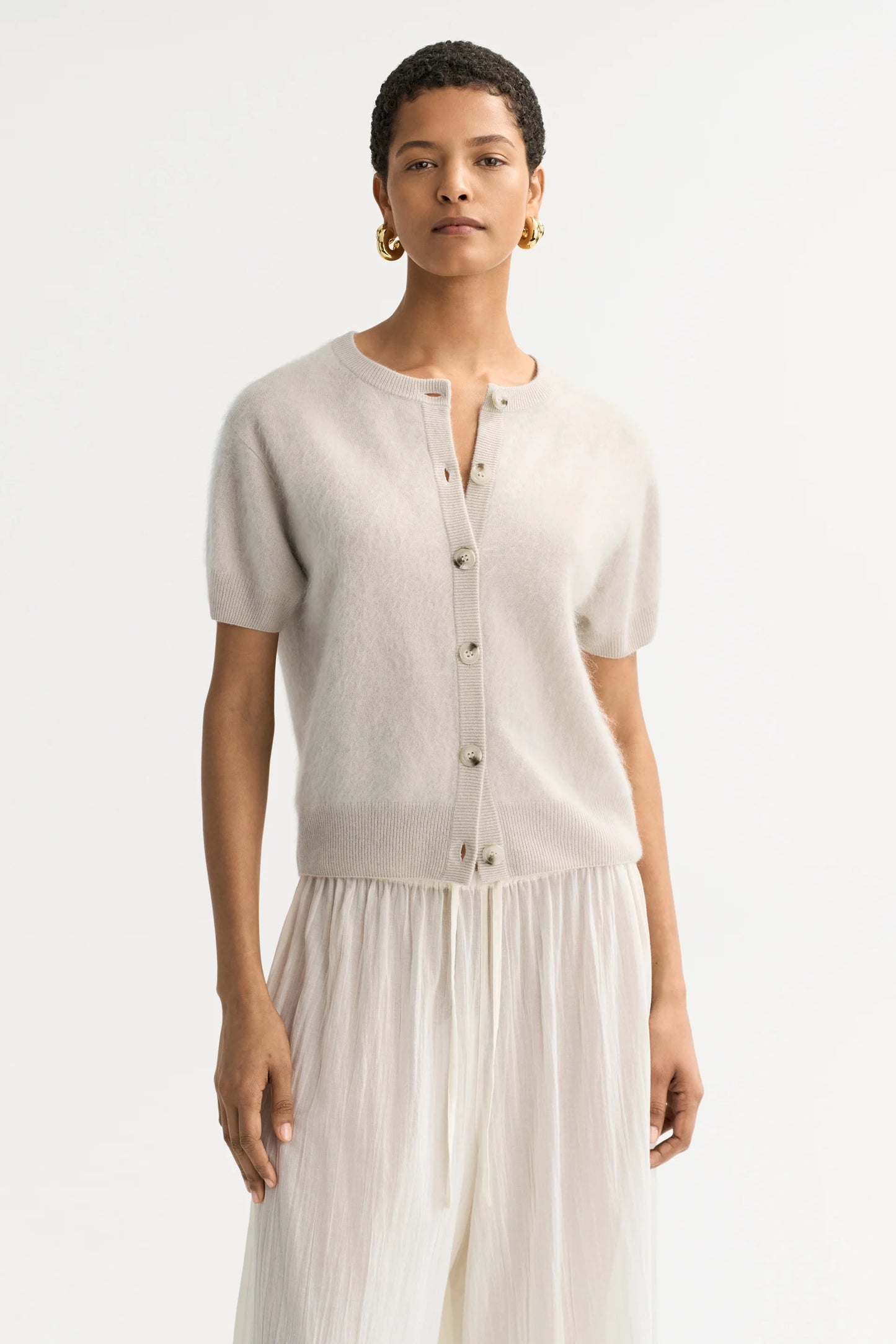 Brushed short sleeve cardigan-chalk