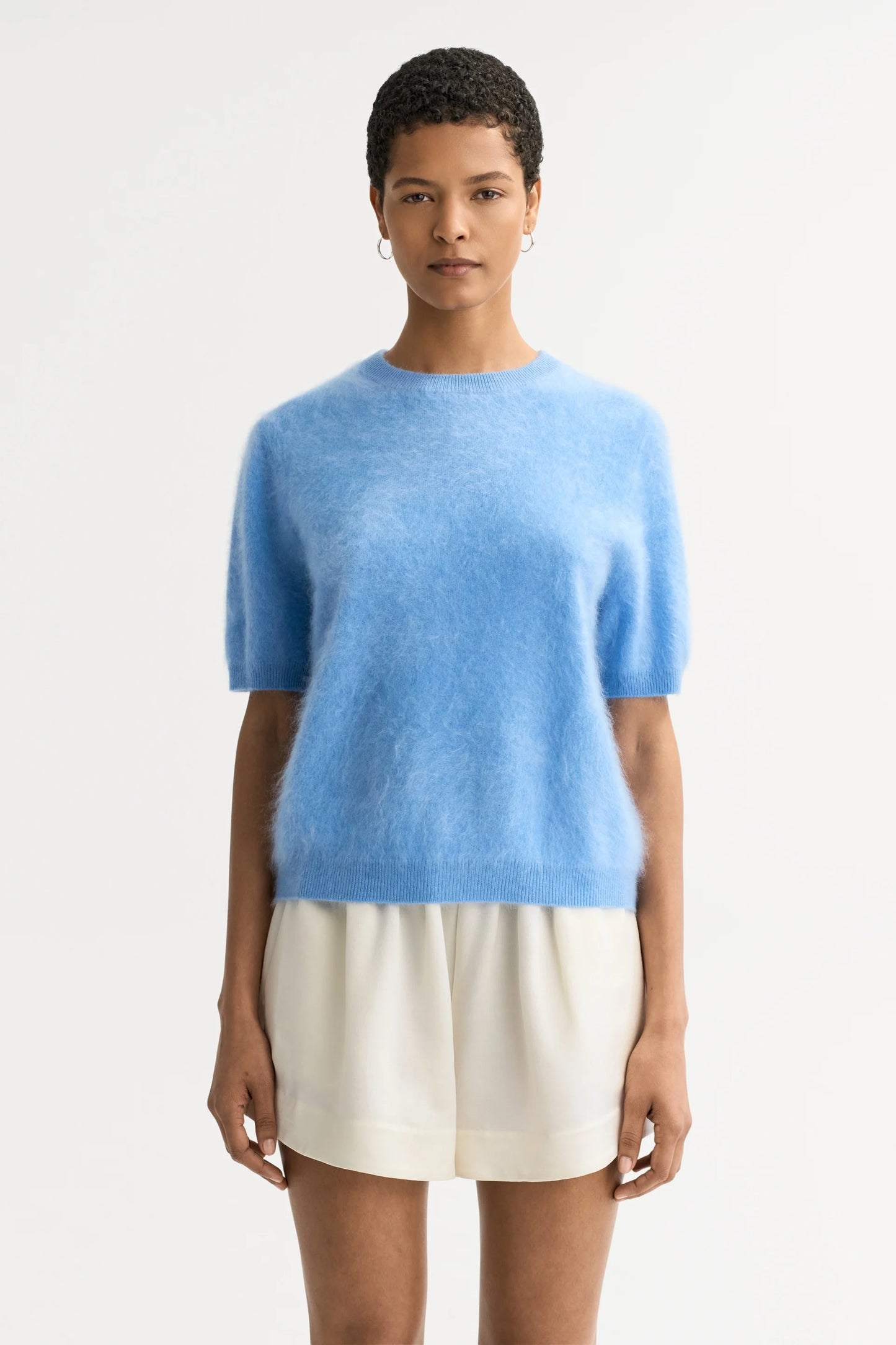 Brushed cashmere short sleeve - azure