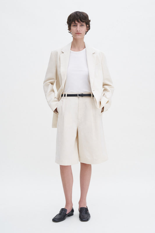 Relaxed pleated cotton linen shorts