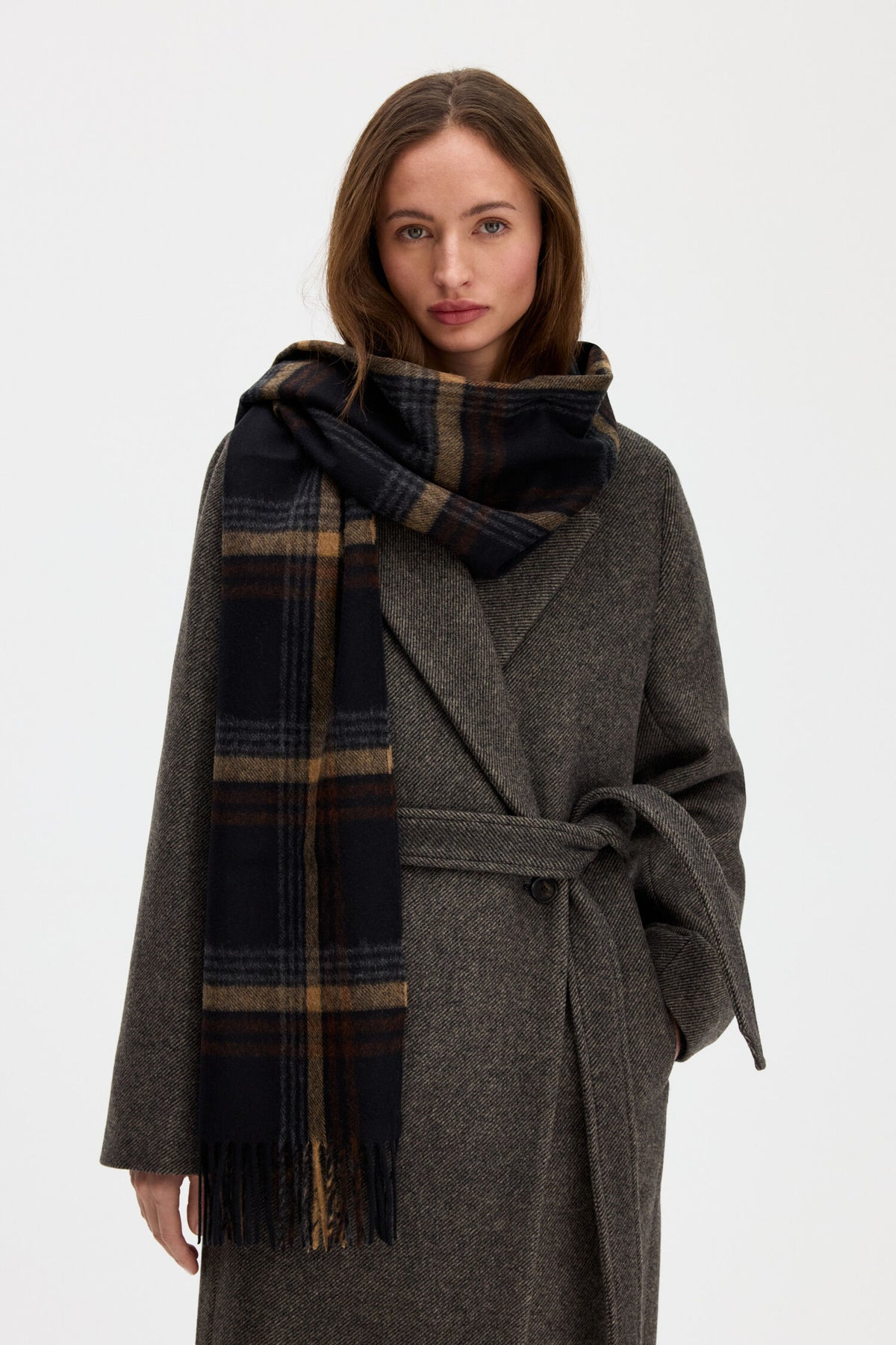 Black brown check scarf