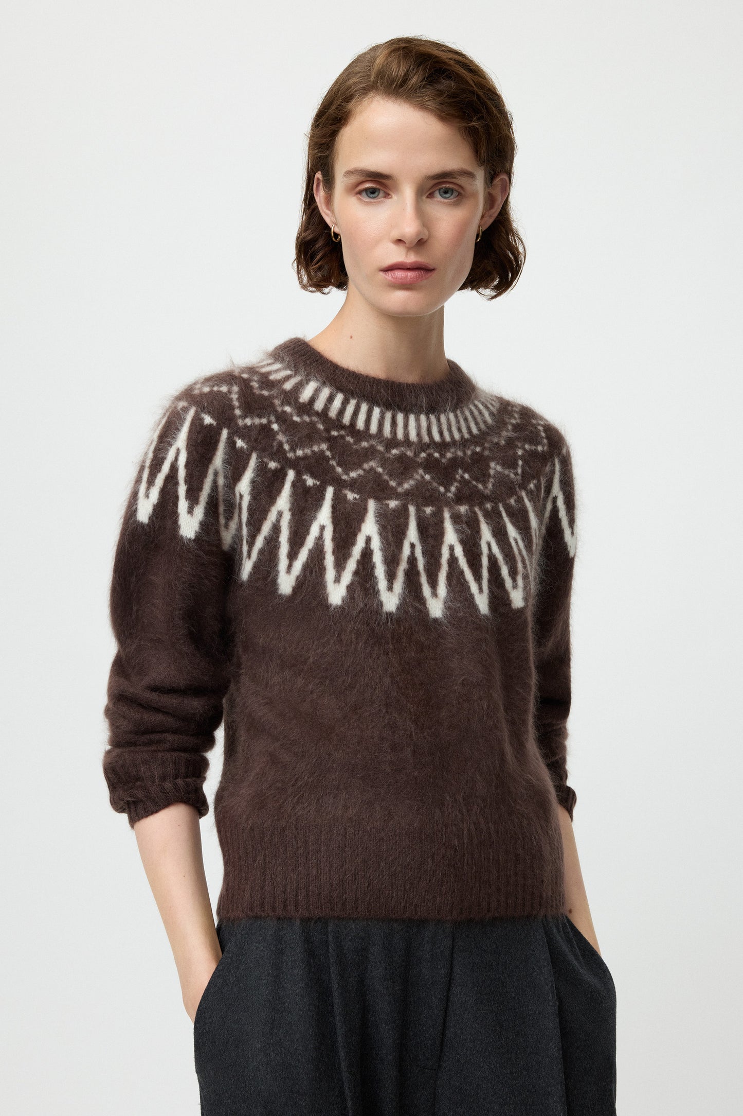 Brushed fair isle crewneck mocha