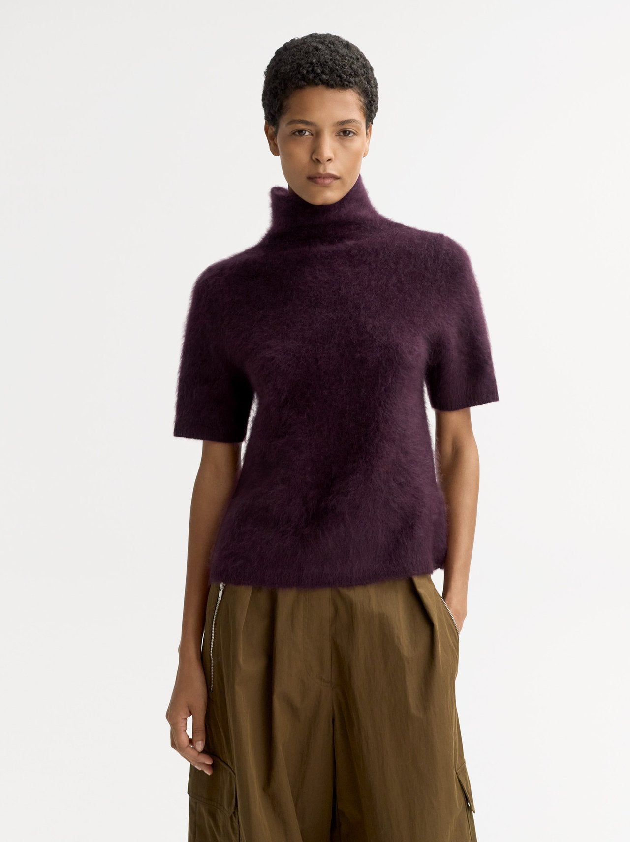 Brushed short sleeve turtle neck midnight plum